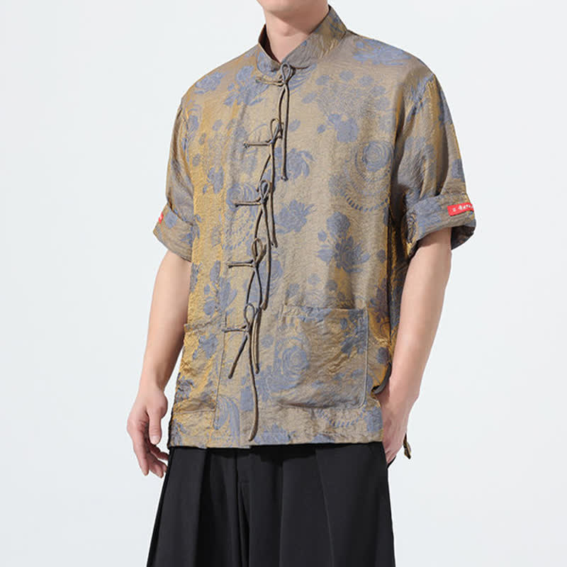 Buddha Stones Camisa de manga corta para hombre con cuello mandarín, estampado jacquard floral y bolsillos, estilo verano Tang. - image 6