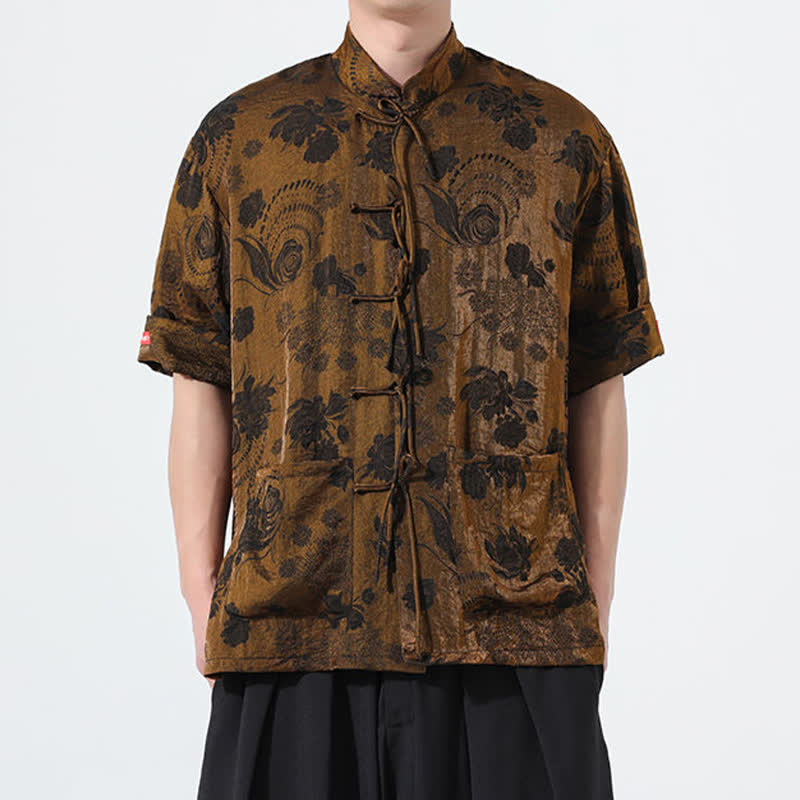 Buddha Stones Camisa de manga corta para hombre con cuello mandarín, estampado jacquard floral y bolsillos, estilo verano Tang. - image 29