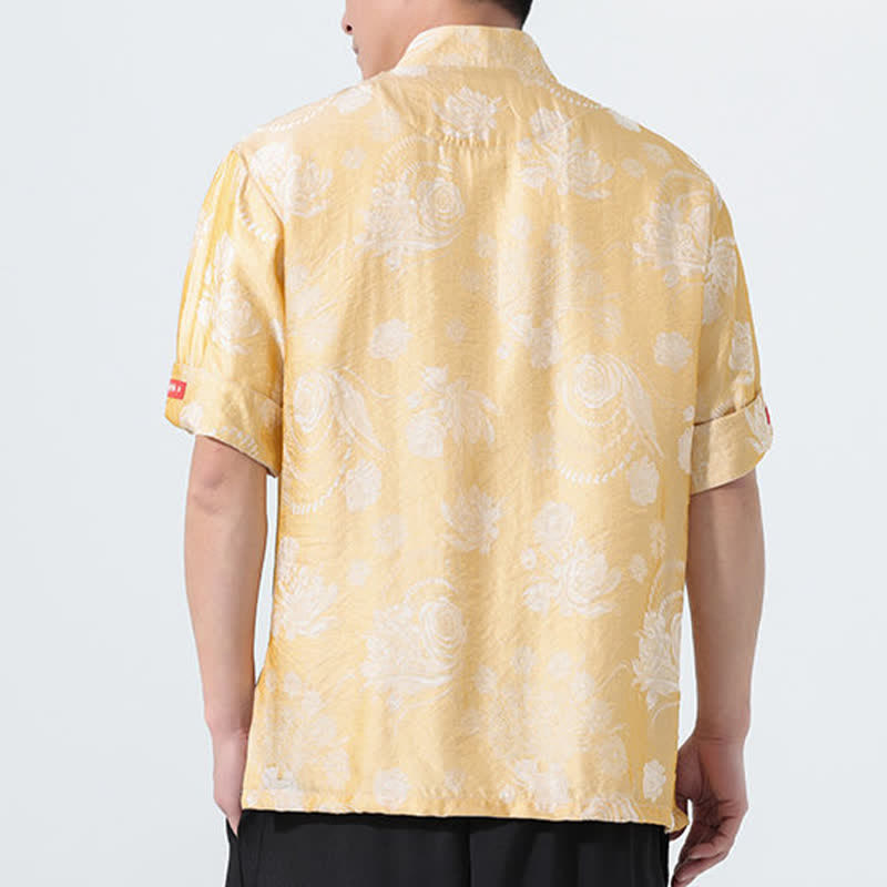 Buddha Stones Camisa de manga corta para hombre con cuello mandarín, estampado jacquard floral y bolsillos, estilo verano Tang. - image 16