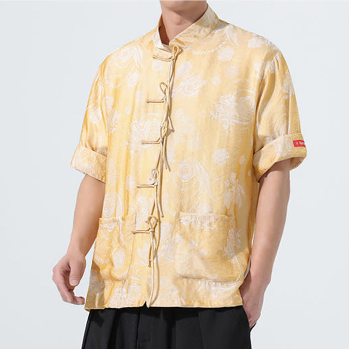 Buddha Stones Camisa de manga corta para hombre con cuello mandarín, estampado jacquard floral y bolsillos, estilo verano Tang. - image 17