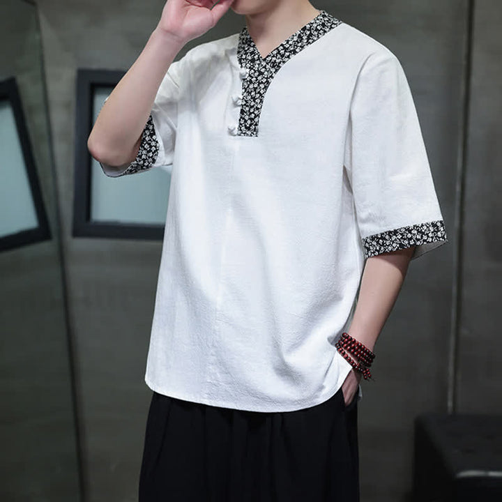 Buddha Stones Camisa de manga corta de algodón para hombre, estilo casual de verano, con cuello mandarín y botones de rana. - Blanco - US/UK/AU46, EU56 (5XL) - image 0