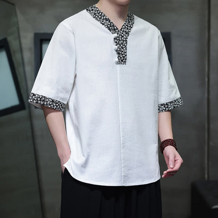 Buddha Stones Camisa de manga corta de algodón para hombre, estilo casual de verano, con cuello mandarín y botones de rana. - image 6