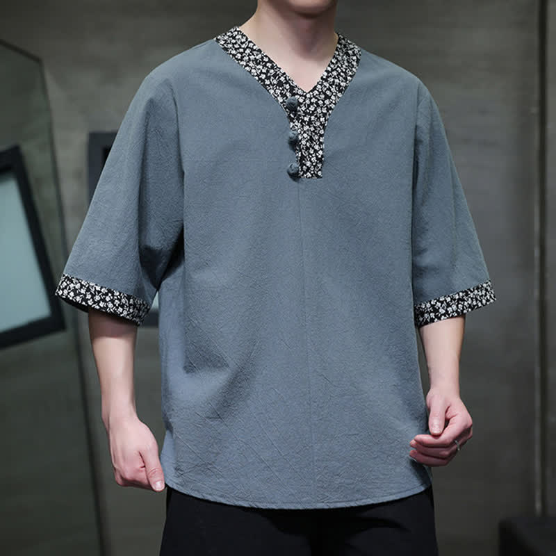 Buddha Stones Camisa de manga corta de algodón para hombre, estilo casual de verano, con cuello mandarín y botones de rana. - image 17