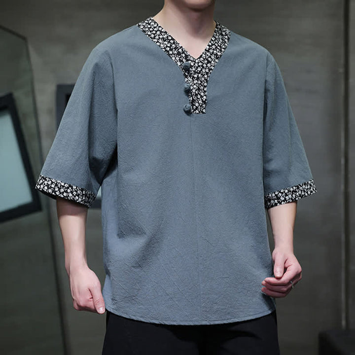 Buddha Stones Camisa de manga corta de algodón para hombre, estilo casual de verano, con cuello mandarín y botones de rana. - image 17