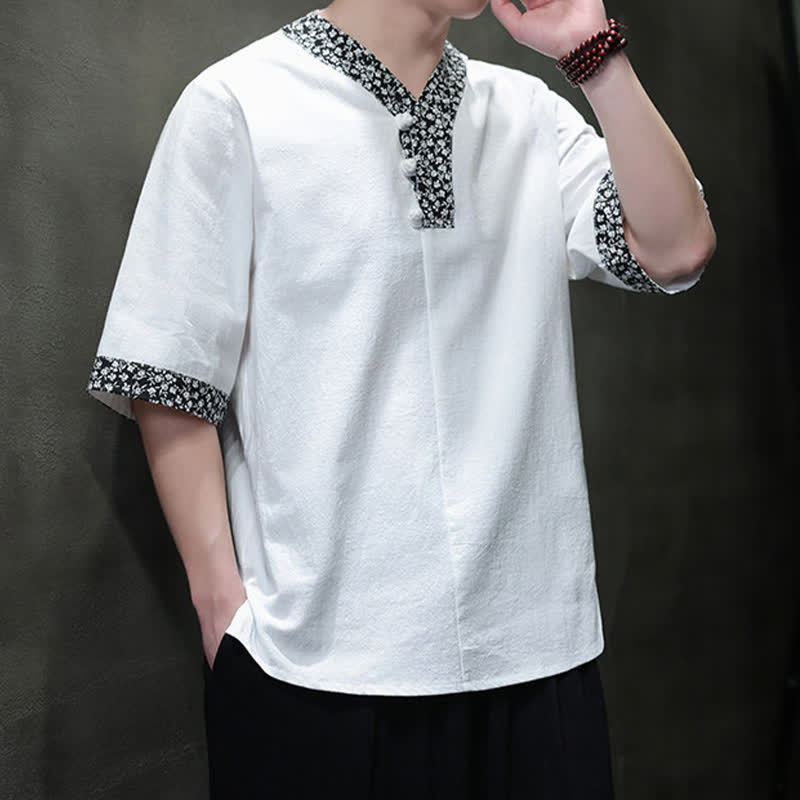 Buddha Stones Camisa de manga corta de algodón para hombre, estilo casual de verano, con cuello mandarín y botones de rana. - image 2