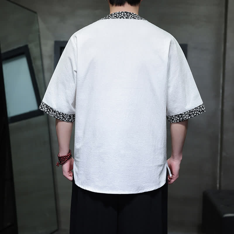 Buddha Stones Camisa de manga corta de algodón para hombre, estilo casual de verano, con cuello mandarín y botones de rana. - image 1