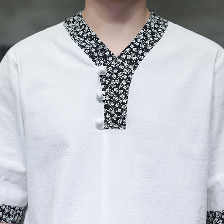 Buddha Stones Camisa de manga corta de algodón para hombre, estilo casual de verano, con cuello mandarín y botones de rana. - image 8