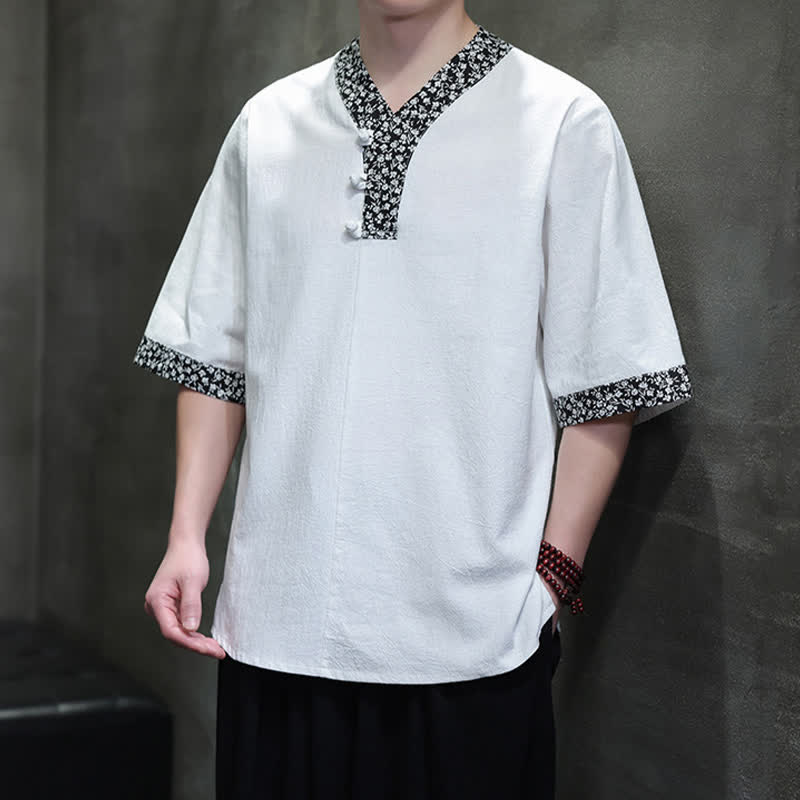 Buddha Stones Camisa de manga corta de algodón para hombre, estilo casual de verano, con cuello mandarín y botones de rana. - image 7