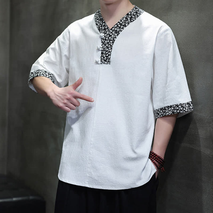Buddha Stones Camisa de manga corta de algodón para hombre, estilo casual de verano, con cuello mandarín y botones de rana. - image 4