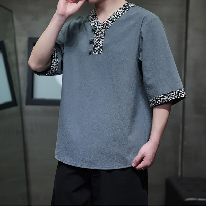 Buddha Stones Camisa de manga corta de algodón para hombre, estilo casual de verano, con cuello mandarín y botones de rana. - Azul cadete - US/UK/AU46, EU56 (5XL) - image 11