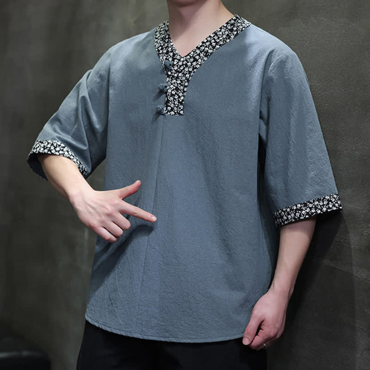 Buddha Stones Camisa de manga corta de algodón para hombre, estilo casual de verano, con cuello mandarín y botones de rana. - image 15