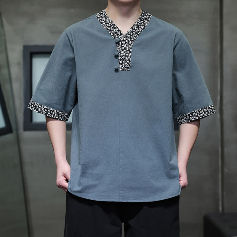 Buddha Stones Camisa de manga corta de algodón para hombre, estilo casual de verano, con cuello mandarín y botones de rana. - image 16