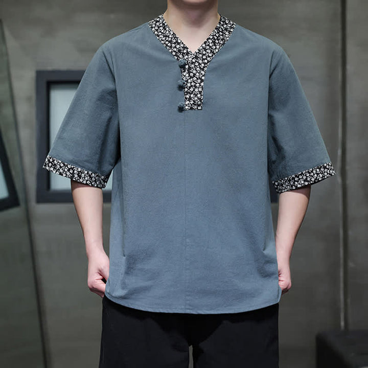 Buddha Stones Camisa de manga corta de algodón para hombre, estilo casual de verano, con cuello mandarín y botones de rana. - image 16