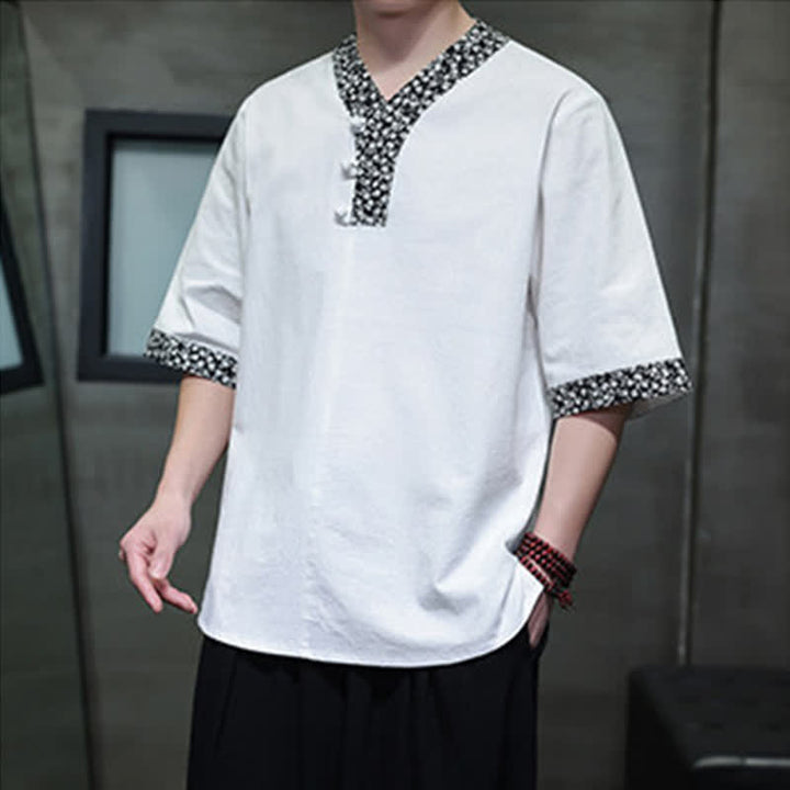 Buddha Stones Camisa de manga corta de algodón para hombre, estilo casual de verano, con cuello mandarín y botones de rana. - image 3