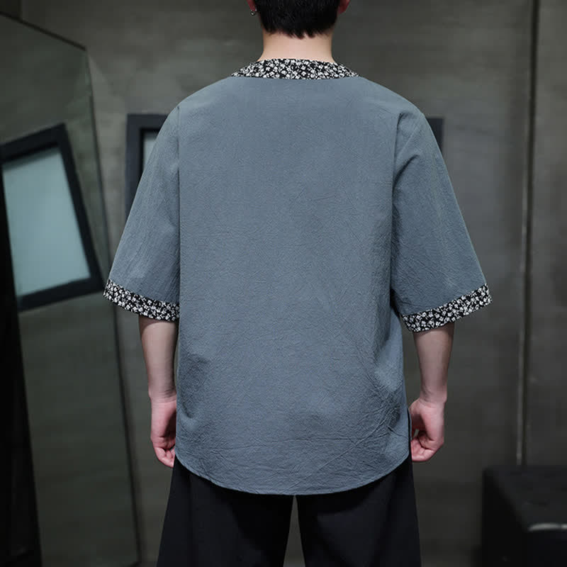 Buddha Stones Camisa de manga corta de algodón para hombre, estilo casual de verano, con cuello mandarín y botones de rana. - image 12