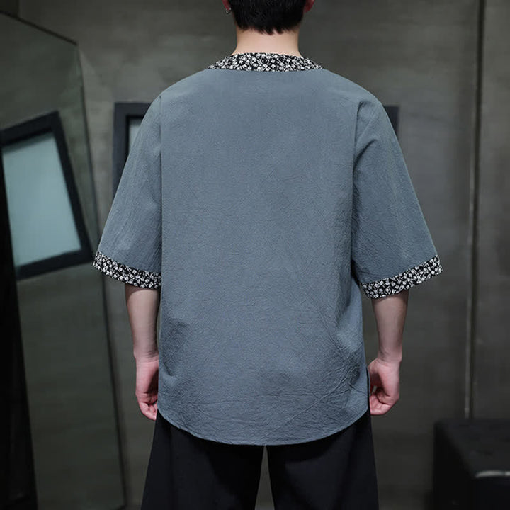 Buddha Stones Camisa de manga corta de algodón para hombre, estilo casual de verano, con cuello mandarín y botones de rana. - image 12