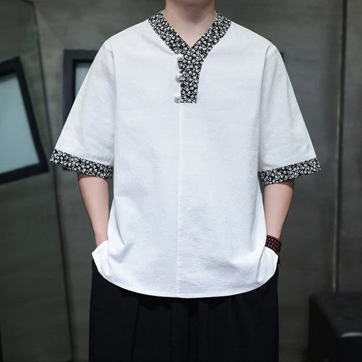 Buddha Stones Camisa de manga corta de algodón para hombre, estilo casual de verano, con cuello mandarín y botones de rana. - image 5