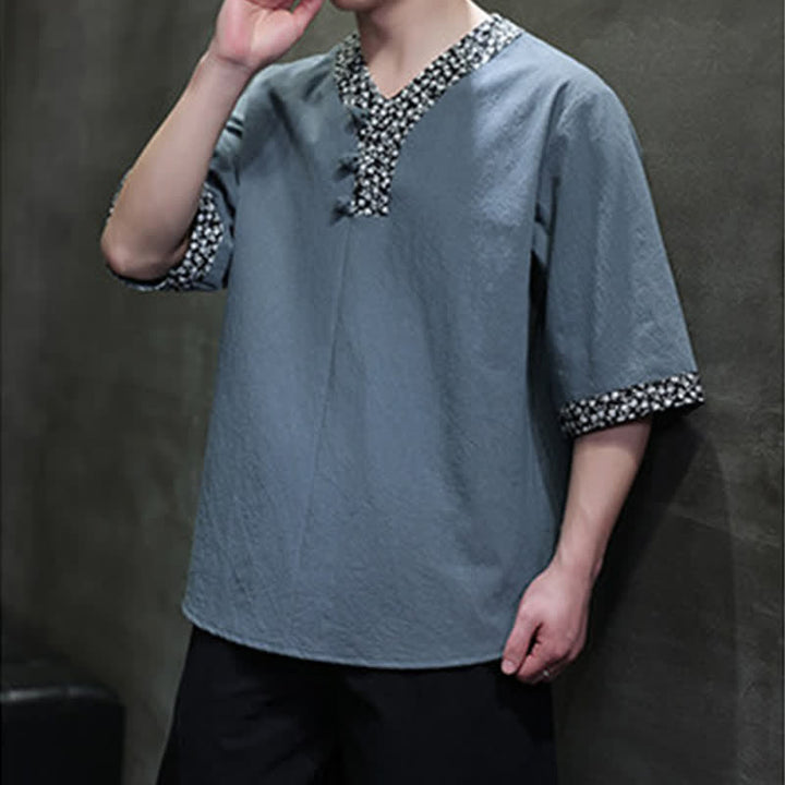 Buddha Stones Camisa de manga corta de algodón para hombre, estilo casual de verano, con cuello mandarín y botones de rana. - image 14