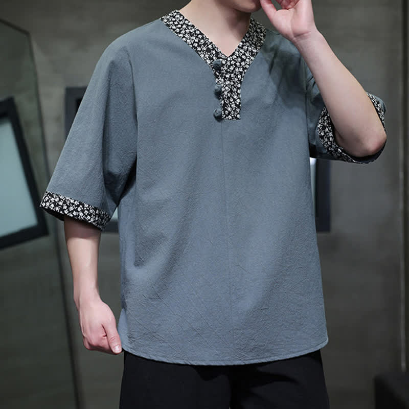 Buddha Stones Camisa de manga corta de algodón para hombre, estilo casual de verano, con cuello mandarín y botones de rana. - image 13