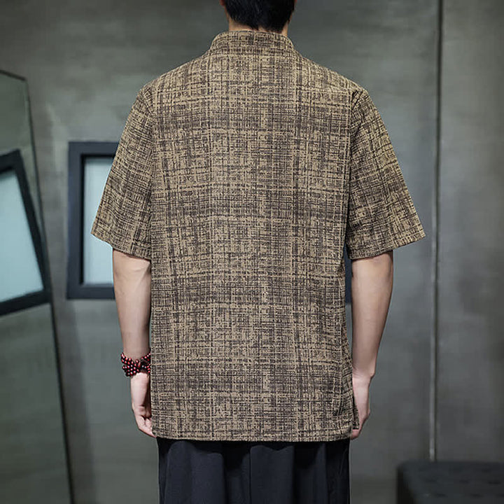 Buddha Stones Camisa de manga corta para hombre, color liso, con cuello mandarín y botones de rana, estilo casual de verano. - image 12