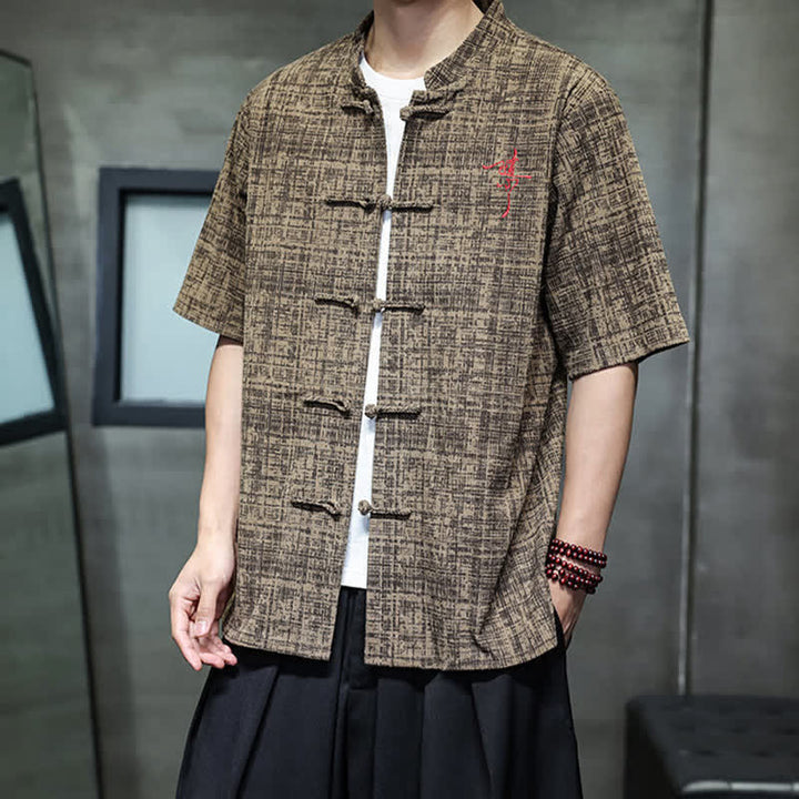 Buddha Stones Camisa de manga corta para hombre, color liso, con cuello mandarín y botones de rana, estilo casual de verano. - image 15