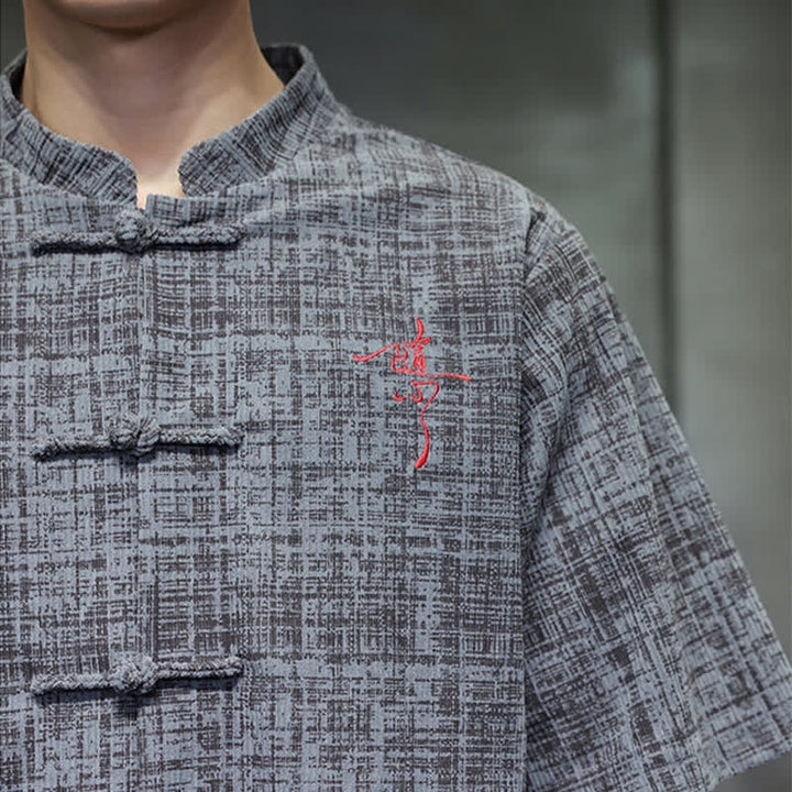Buddha Stones Camisa de manga corta para hombre, color liso, con cuello mandarín y botones de rana, estilo casual de verano. - image 8