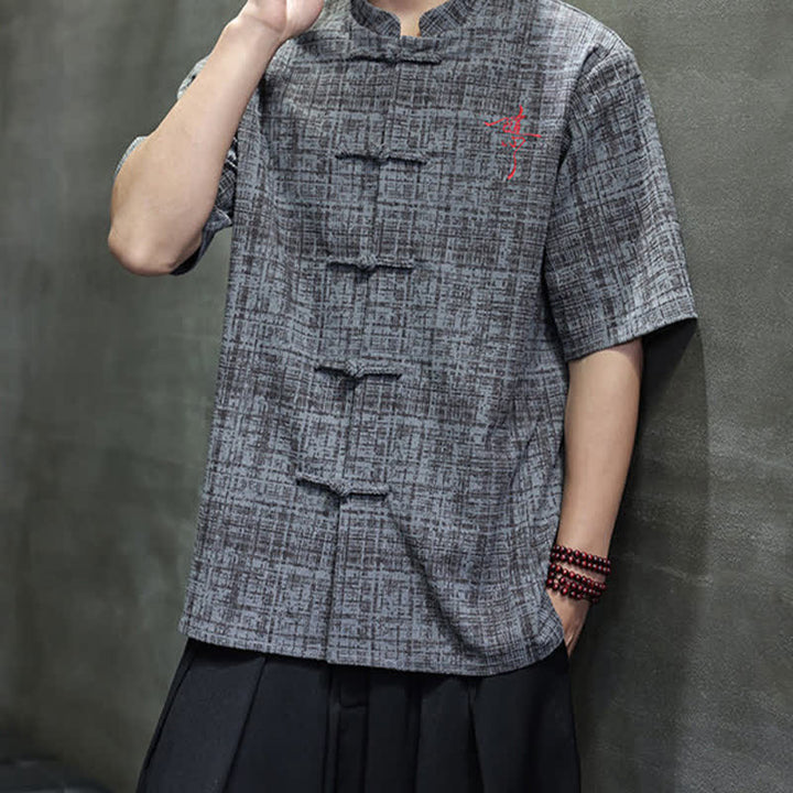 Buddha Stones Camisa de manga corta para hombre, color liso, con cuello mandarín y botones de rana, estilo casual de verano. - image 6