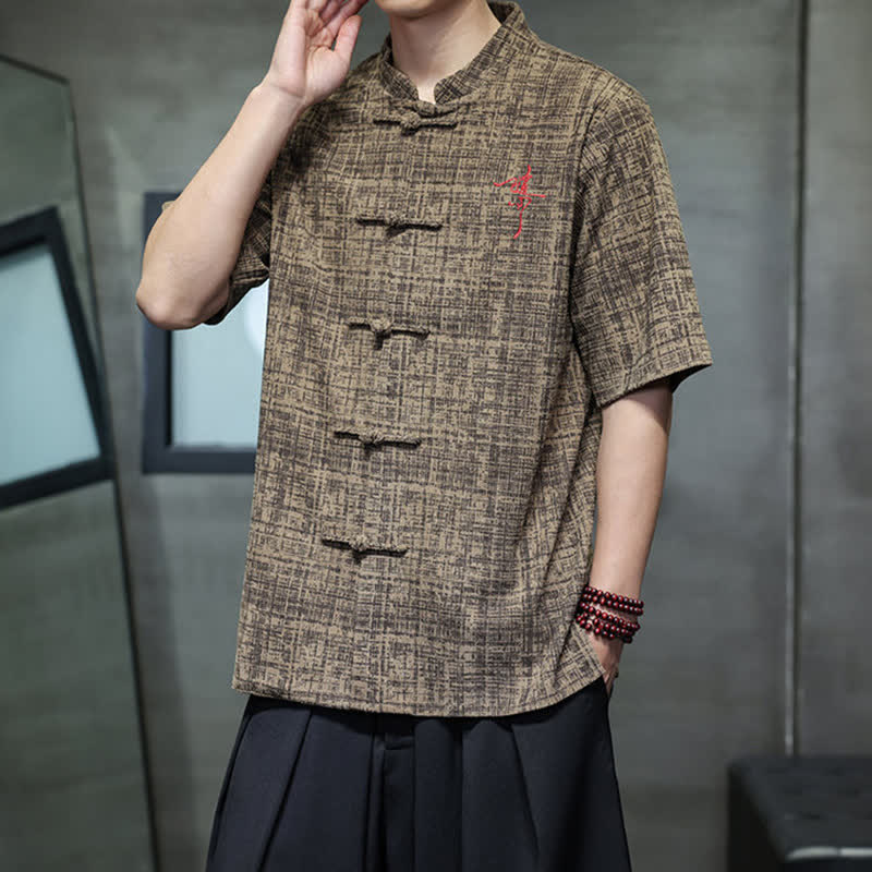Buddha Stones Camisa de manga corta para hombre, color liso, con cuello mandarín y botones de rana, estilo casual de verano. - image 14