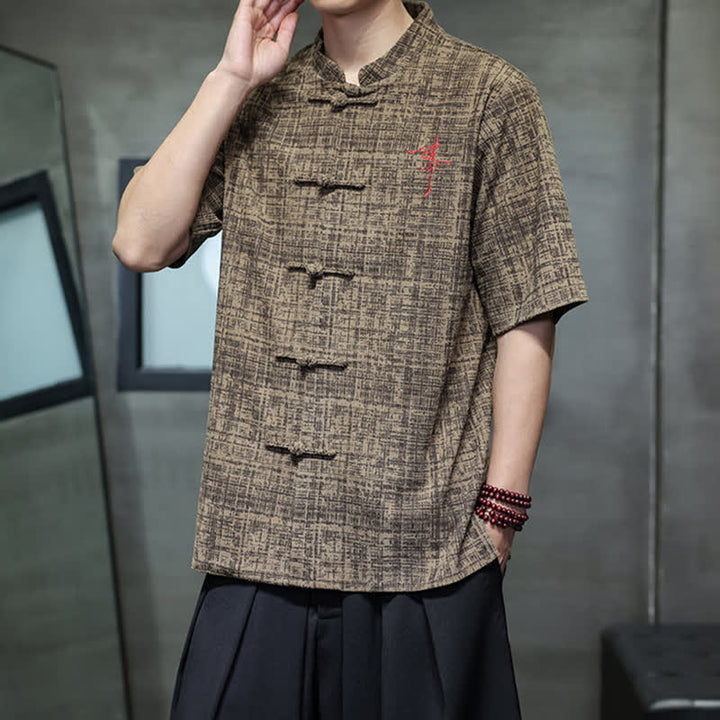 Buddha Stones Camisa de manga corta para hombre, color liso, con cuello mandarín y botones de rana, estilo casual de verano. - image 14
