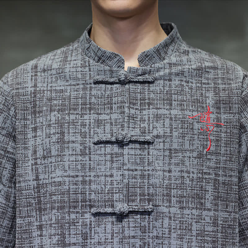 Buddha Stones Camisa de manga corta para hombre, color liso, con cuello mandarín y botones de rana, estilo casual de verano. - image 7