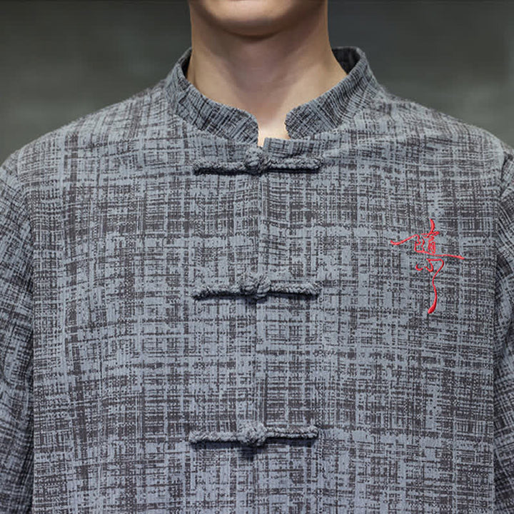 Buddha Stones Camisa de manga corta para hombre, color liso, con cuello mandarín y botones de rana, estilo casual de verano. - image 7