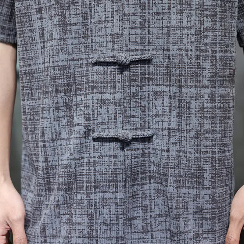 Buddha Stones Camisa de manga corta para hombre, color liso, con cuello mandarín y botones de rana, estilo casual de verano. - image 9