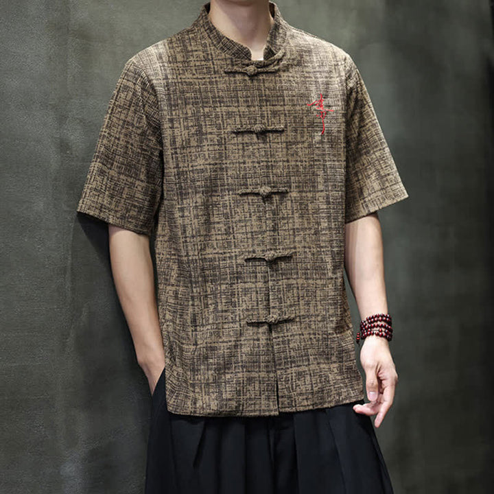 Buddha Stones Camisa de manga corta para hombre, color liso, con cuello mandarín y botones de rana, estilo casual de verano. - image 13