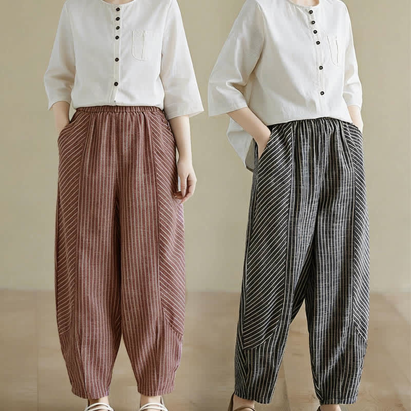 Buddha Stones Pantalones de mujer de lino y algodón a rayas, corte ajustado y bolsillos, ideales para el verano. - image 17