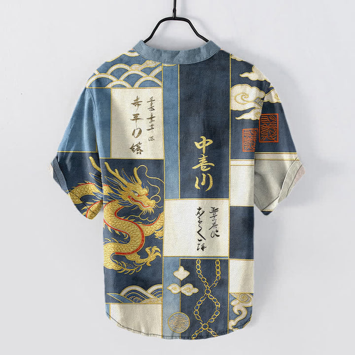 Buddha Stones Camisa de manga corta con medio botón para hombre, de algodón, con emblema de nube y dragón dorado. - image 6