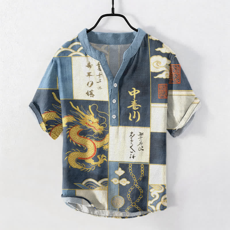 Buddha Stones Camisa de manga corta con medio botón para hombre, de algodón, con emblema de nube y dragón dorado. - Azul acero - US/UK/AU50, EU60 (5XL) - image 5