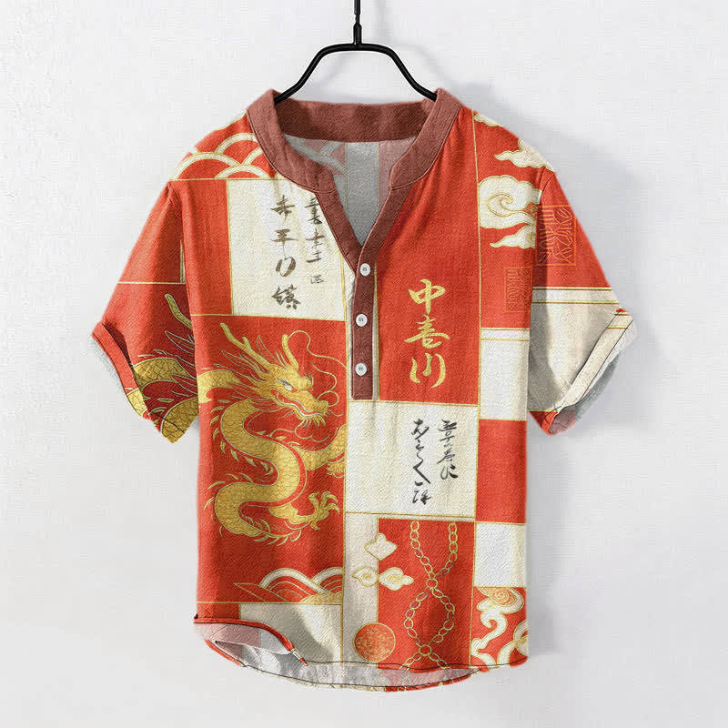 Buddha Stones Camisa de manga corta con medio botón para hombre, de algodón, con emblema de nube y dragón dorado. - Rojo anaranjado - US/UK/AU50, EU60 (5XL) - image 7