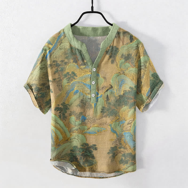 Buddha Stones Camisa de manga corta con medio botón para hombre con el emblema de Cotton Mountain - Verde mar oscuro - US/UK/AU50, EU60 (5XL) - image 0
