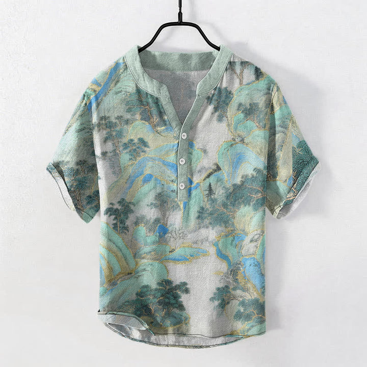 Buddha Stones Camisa de manga corta con medio botón para hombre con el emblema de Cotton Mountain - Turquesa medio - US/UK/AU50, EU60 (5XL) - image 5