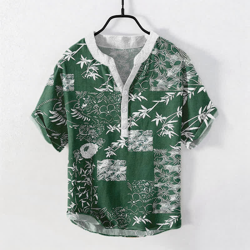 Buddha Stones Camisa de manga corta con medio botón para hombre, de algodón, bambú y con emblema de ciruela. - Verde oscuro - US/UK/AU50, EU60 (5XL) - image 0