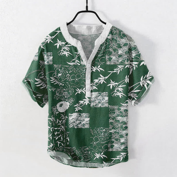 Buddha Stones Camisa de manga corta con medio botón para hombre, de algodón, bambú y con emblema de ciruela. - Verde oscuro - US/UK/AU50, EU60 (5XL) - image 0