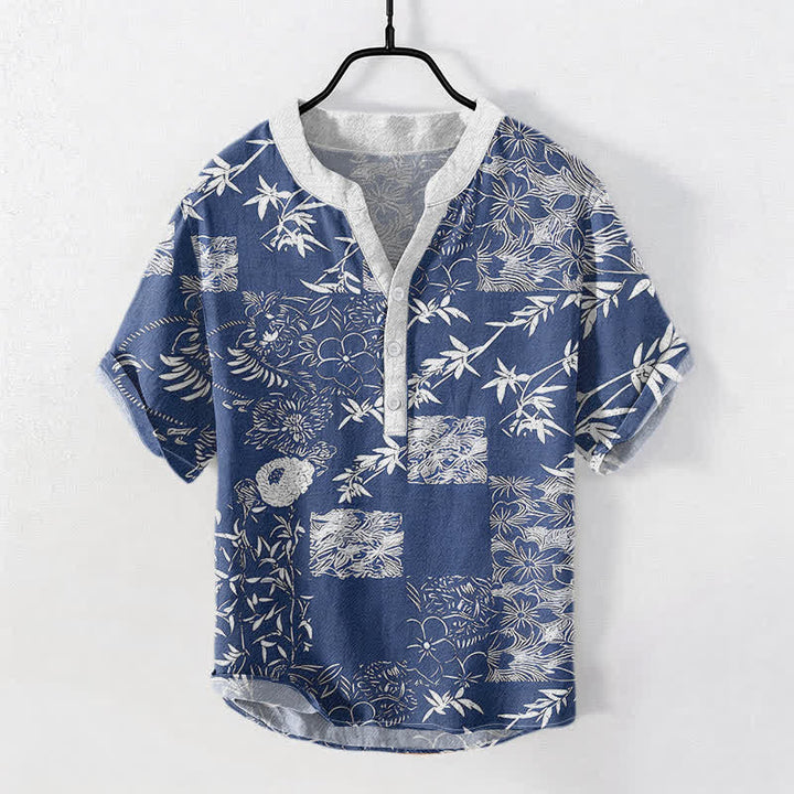 Buddha Stones Camisa de manga corta con medio botón para hombre, de algodón, bambú y con emblema de ciruela. - Azul acero - US/UK/AU50, EU60 (5XL) - image 3