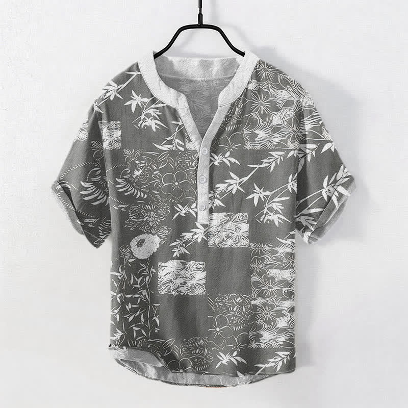 Buddha Stones Camisa de manga corta con medio botón para hombre, de algodón, bambú y con emblema de ciruela. - Gris oscuro - US/UK/AU50, EU60 (5XL) - image 5