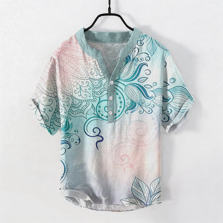 Buddha Stones Camisa de manga corta con medio botón y estampado floral de mandala de algodón para hombre - Turquesa medio - US/UK/AU50, EU60 (5XL) - image 0