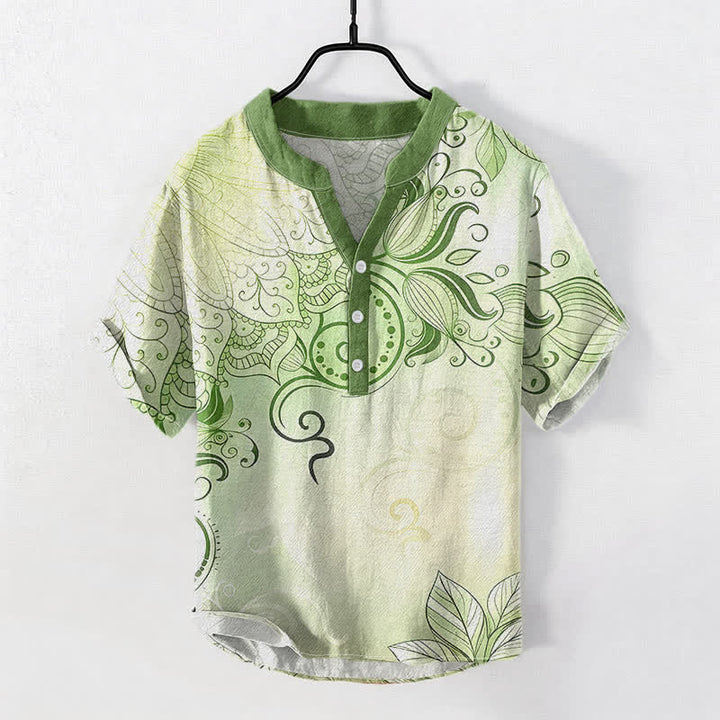 Buddha Stones Camisa de manga corta con medio botón y estampado floral de mandala de algodón para hombre - Verde amarillento - US/UK/AU50, EU60 (5XL) - image 3