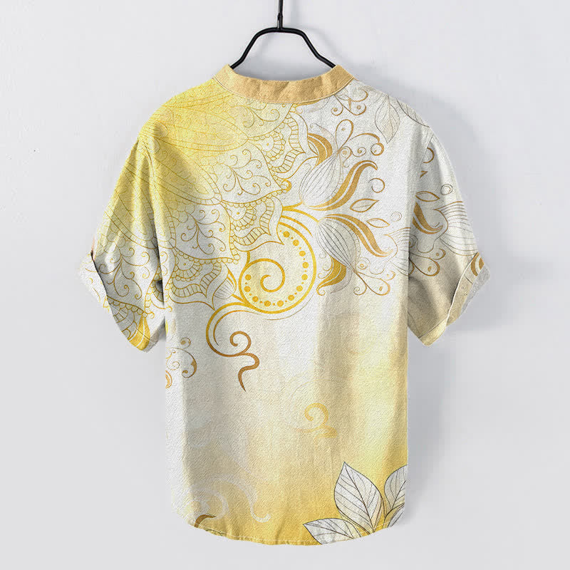 Buddha Stones Camisa de manga corta con medio botón y estampado floral de mandala de algodón para hombre - image 6
