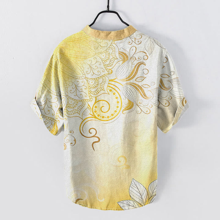 Buddha Stones Camisa de manga corta con medio botón y estampado floral de mandala de algodón para hombre - image 6
