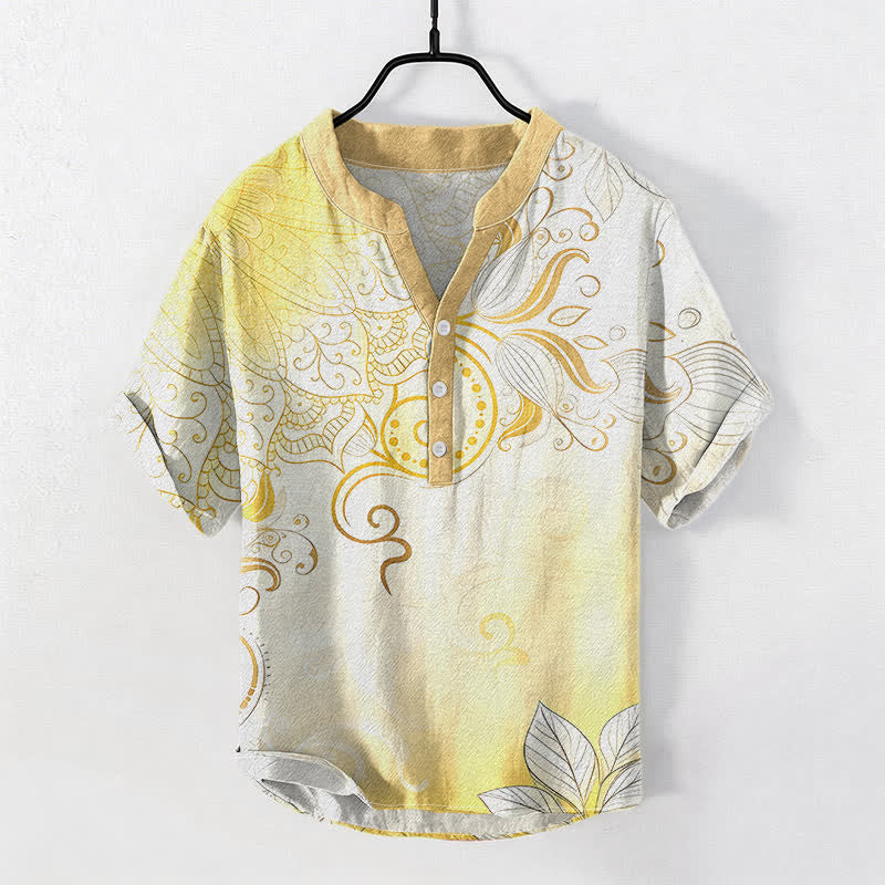 Buddha Stones Camisa de manga corta con medio botón y estampado floral de mandala de algodón para hombre - Caqui - US/UK/AU50, EU60 (5XL) - image 5