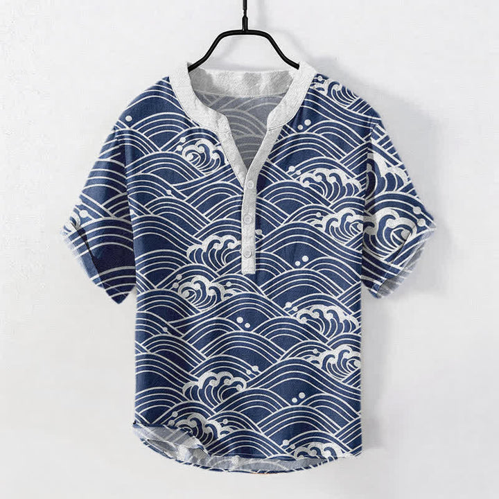 Buddha Stones Camisa de manga corta con medio botón para hombre con emblema de ola de algodón - Azul acero - US/UK/AU50, EU60 (5XL) - image 0