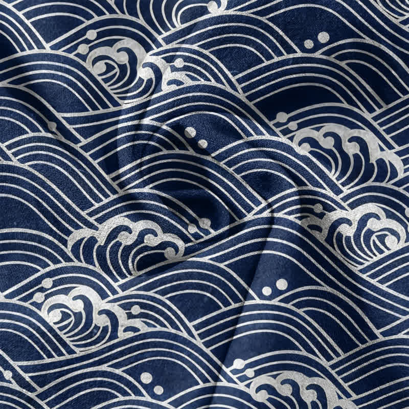Buddha Stones Camisa de manga corta con medio botón para hombre con emblema de ola de algodón - image 2